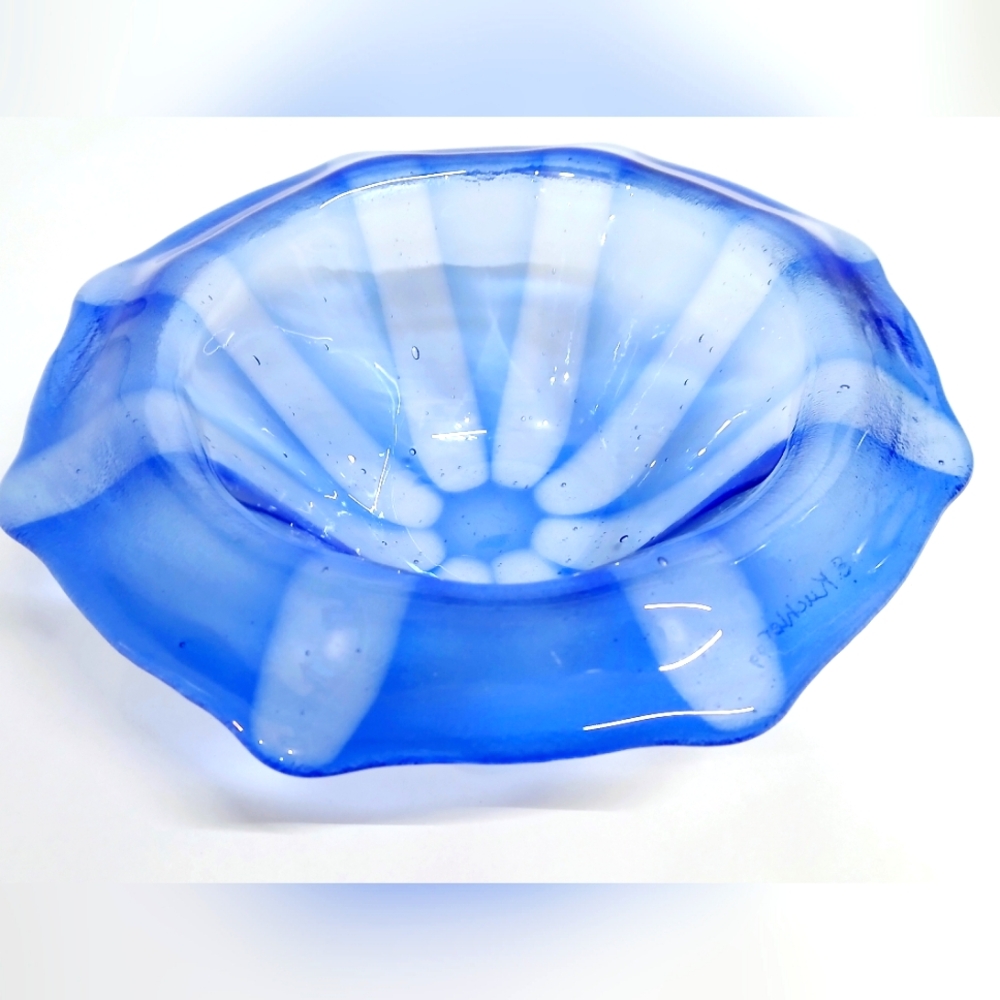 Blue and White Glass Art Bowl Signed